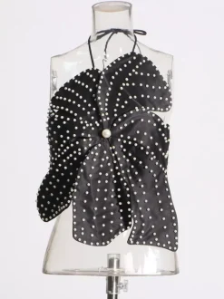 Women Crop Top Black Backless Flowers Pearls Halter Sleeveless Chic Tops
