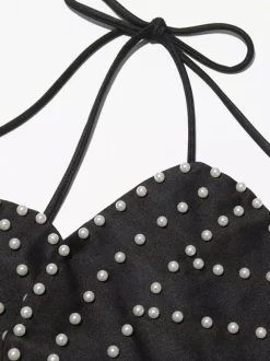 Women Crop Top Black Backless Flowers Pearls Halter Sleeveless Chic Tops