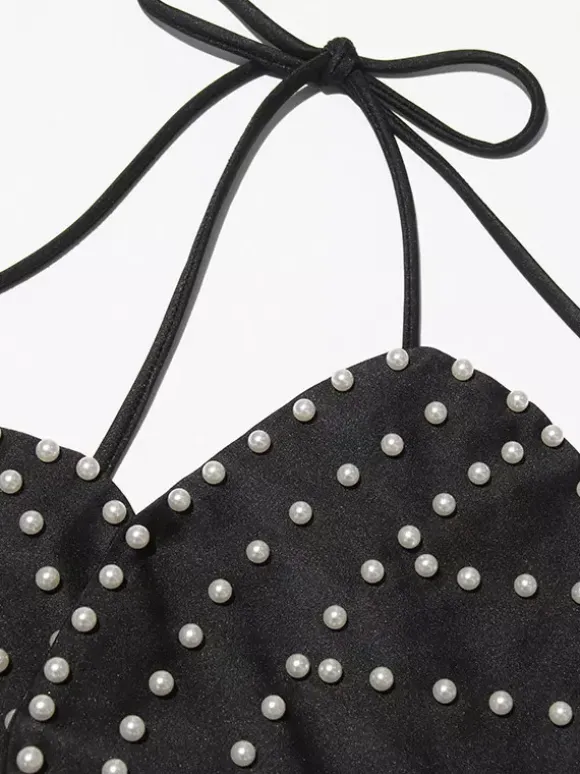 Women Crop Top Black Backless Flowers Pearls Halter Sleeveless Chic Tops
