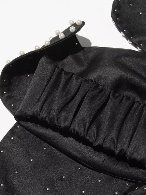 Women Crop Top Black Backless Flowers Pearls Halter Sleeveless Chic Tops