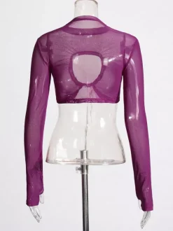 Women Crop Top Purple High Collar Casual Cut Out Rawstring Long Sleeves Tops