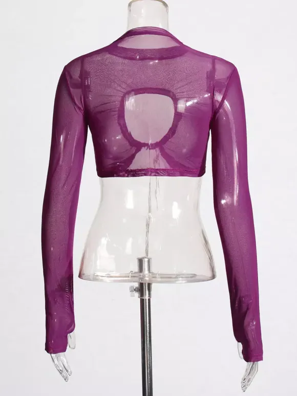 Women Crop Top Purple High Collar Casual Cut Out Rawstring Long Sleeves Tops