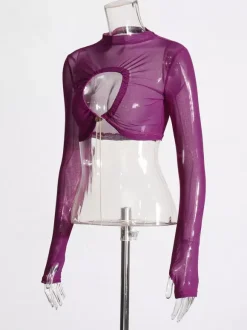 Women Crop Top Purple High Collar Casual Cut Out Rawstring Long Sleeves Tops