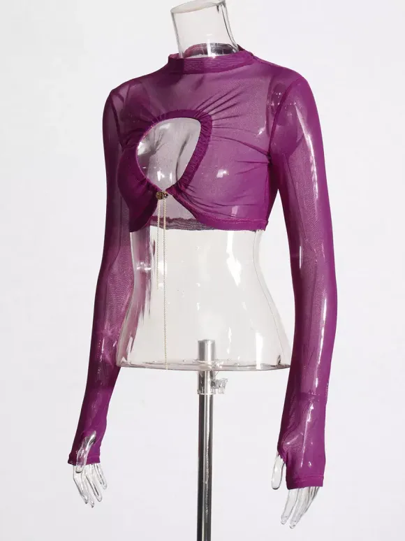 Women Crop Top Purple High Collar Casual Cut Out Rawstring Long Sleeves Tops