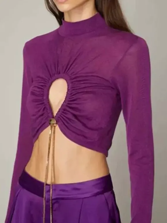 Women Crop Top Purple High Collar Casual Cut Out Rawstring Long Sleeves Tops