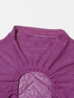 Women Crop Top Purple High Collar Casual Cut Out Rawstring Long Sleeves Tops