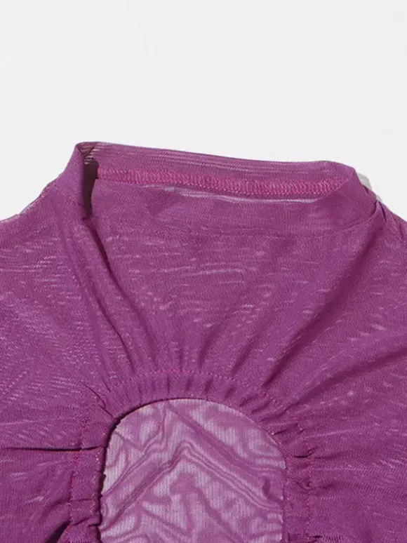 Women Crop Top Purple High Collar Casual Cut Out Rawstring Long Sleeves Tops