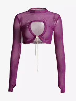 Women Crop Top Purple High Collar Casual Cut Out Rawstring Long Sleeves Tops