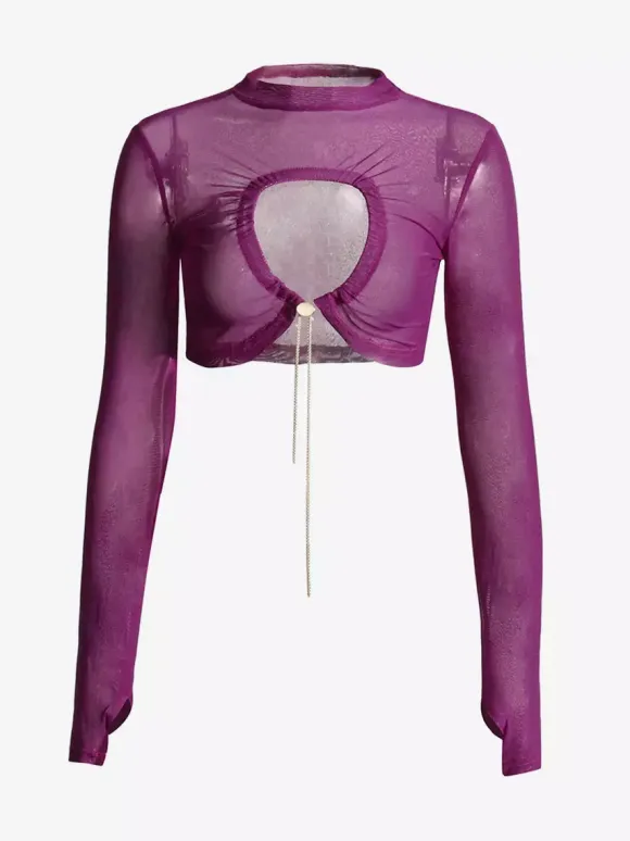 Women Crop Top Purple High Collar Casual Cut Out Rawstring Long Sleeves Tops