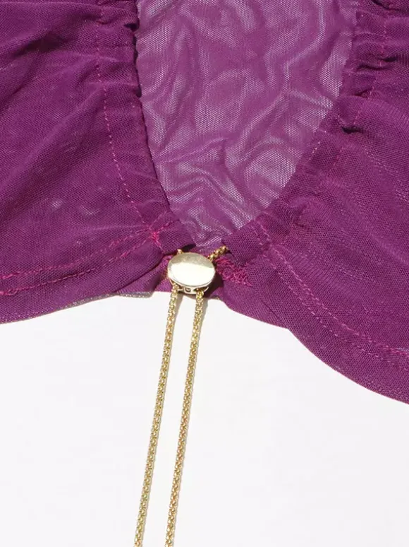 Women Crop Top Purple High Collar Casual Cut Out Rawstring Long Sleeves Tops