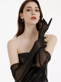 Women Dating Black Satin Evening Party Dance Elbow Length Opera Gloves