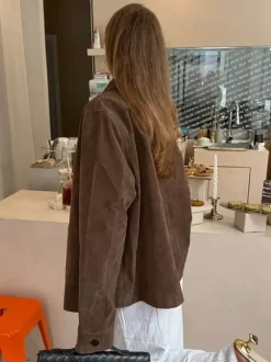 Women Faux Suede Lapel Button Down Cropped Jacket Pocket Vintage Casual Coat