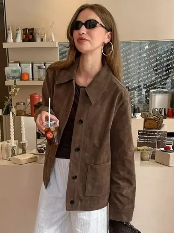 Women Faux Suede Lapel Button Down Cropped Jacket Pocket Vintage Casual Coat