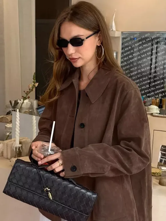 Women Faux Suede Lapel Button Down Cropped Jacket Pocket Vintage Casual Coat