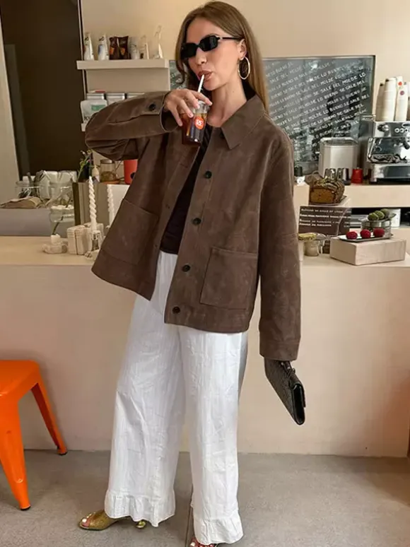 Women Faux Suede Lapel Button Down Cropped Jacket Pocket Vintage Casual Coat