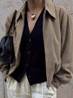 Women Faux Suede Lapel Zip Bomber Jacket Elastic Rib Hem Cropped Casual Coat