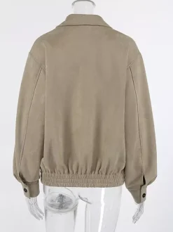 Women Faux Suede Lapel Zip Bomber Jacket Elastic Rib Hem Cropped Casual Coat