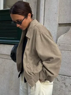Women Faux Suede Lapel Zip Bomber Jacket Elastic Rib Hem Cropped Casual Coat