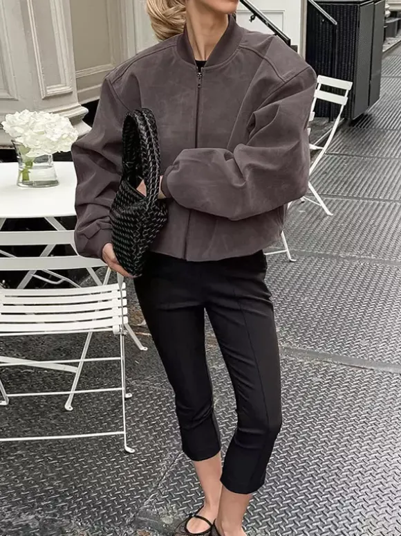 Women Faux Suede Stand Collar Zip Up Oversized Cropped Bomber Jacket