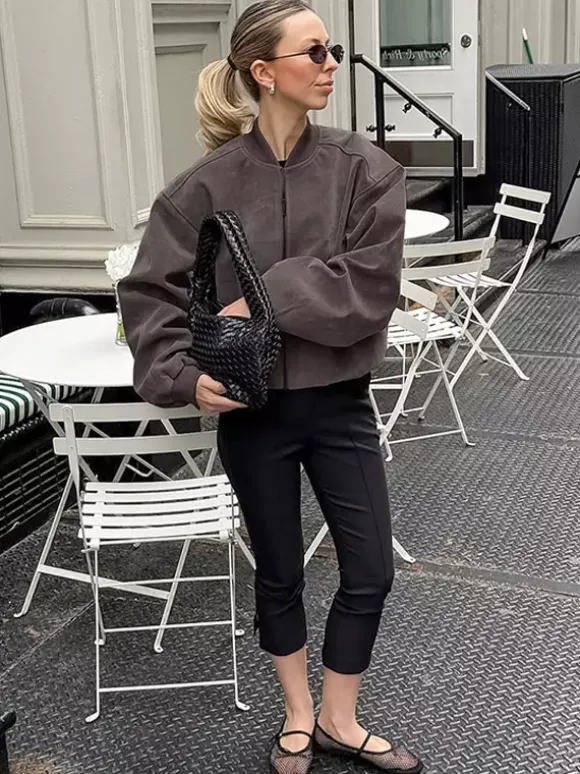 Women Faux Suede Stand Collar Zip Up Oversized Cropped Bomber Jacket