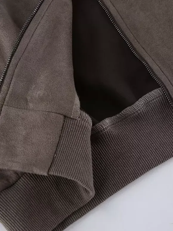 Women Faux Suede Stand Collar Zip Up Oversized Cropped Bomber Jacket