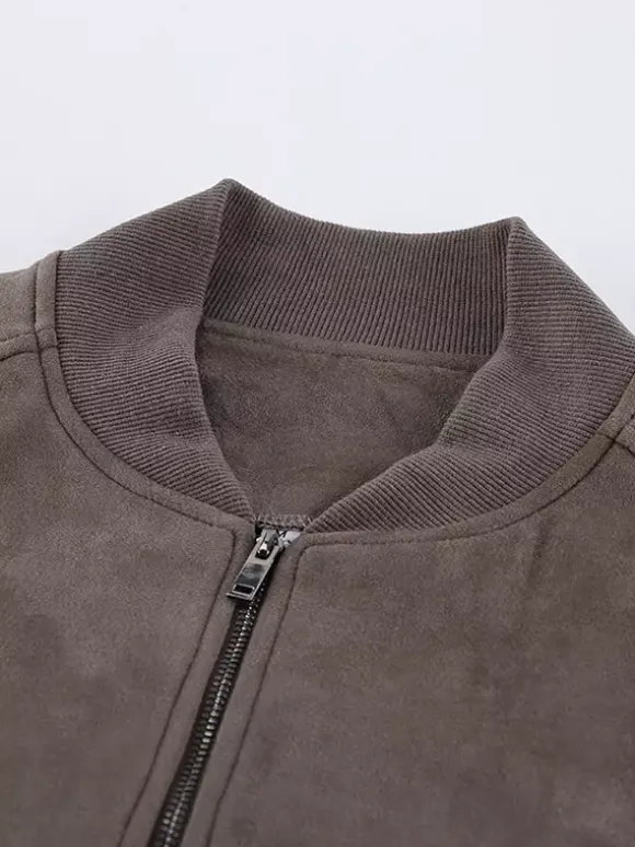 Women Faux Suede Stand Collar Zip Up Oversized Cropped Bomber Jacket