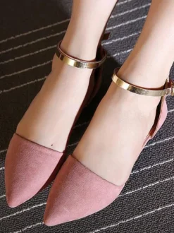Women Flat Shoes Burgundy Pointed Toe Closed-Back Metal Details Ankle Strap Ballerina Flats
