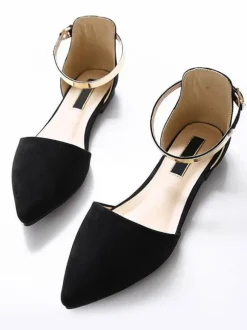 Women Flat Shoes Burgundy Pointed Toe Closed-Back Metal Details Ankle Strap Ballerina Flats