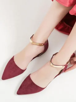 Women Flat Shoes Burgundy Pointed Toe Closed-Back Metal Details Ankle Strap Ballerina Flats