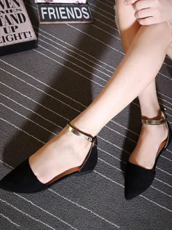 Women Flat Shoes Burgundy Pointed Toe Closed-Back Metal Details Ankle Strap Ballerina Flats