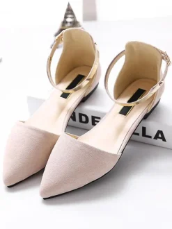 Women Flat Shoes Burgundy Pointed Toe Closed-Back Metal Details Ankle Strap Ballerina Flats