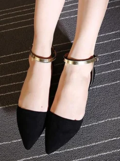 Women Flat Shoes Burgundy Pointed Toe Closed-Back Metal Details Ankle Strap Ballerina Flats