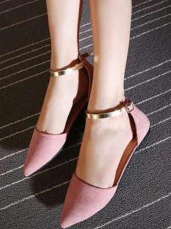 Women Flat Shoes Burgundy Pointed Toe Closed-Back Metal Details Ankle Strap Ballerina Flats
