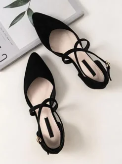 Women Flat Shoes Burgundy Pointed Toe Criss-Cross Ankle Strap Ballerina Flats
