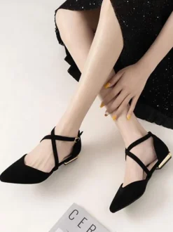 Women Flat Shoes Burgundy Pointed Toe Criss-Cross Ankle Strap Ballerina Flats