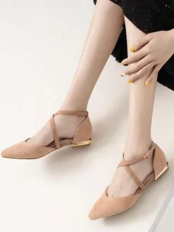 Women Flat Shoes Burgundy Pointed Toe Criss-Cross Ankle Strap Ballerina Flats