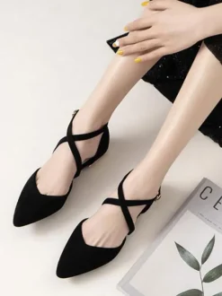 Women Flat Shoes Burgundy Pointed Toe Criss-Cross Ankle Strap Ballerina Flats
