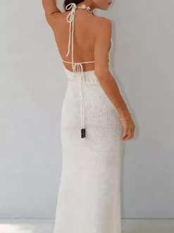 Women Halter Knit Mermaid Maxi Dress Backless Tie Bodycon Formal Party Gown