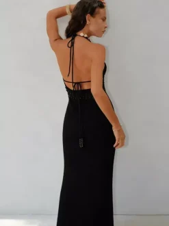 Women Halter Knit Mermaid Maxi Dress Backless Tie Bodycon Formal Party Gown