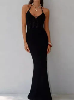 Women Halter Knit Mermaid Maxi Dress Backless Tie Bodycon Formal Party Gown