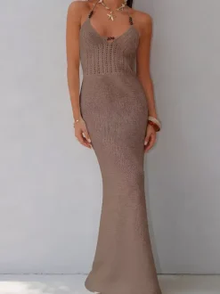 Women Halter Knit Mermaid Maxi Dress Backless Tie Bodycon Formal Party Gown