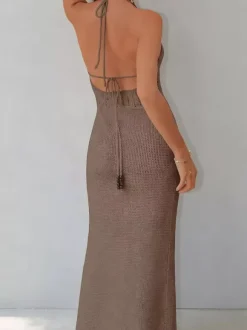 Women Halter Knit Mermaid Maxi Dress Backless Tie Bodycon Formal Party Gown