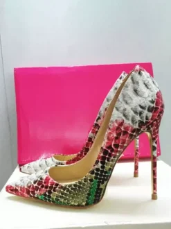 Women High Heels Snake Pattern Pointy Toe Slip On Pumps