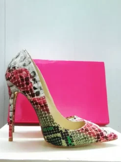 Women High Heels Snake Pattern Pointy Toe Slip On Pumps