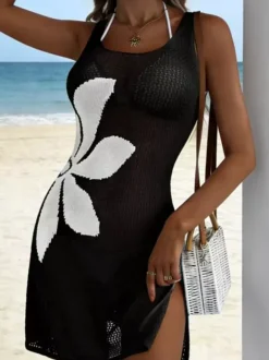 Women Hollow Knit Floral Print Mini Cover Up Dress Sleeveless Side Slit Beach Tunic