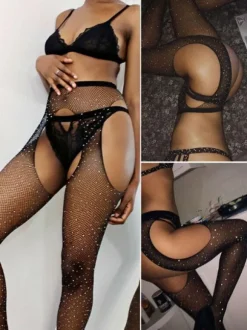 Women Hosiery Lingerie Red Nylon Sexy Rhinestones