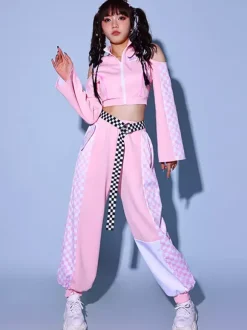 Women Jazz Dance Clothes 2-Piece Pink Outfits Hip Hop Costumes