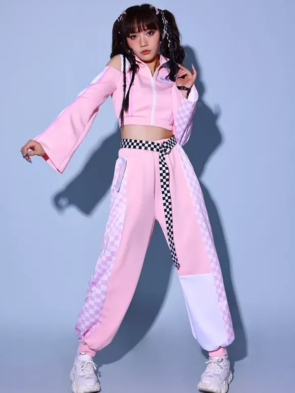Women Jazz Dance Clothes 2-Piece Pink Outfits Hip Hop Costumes