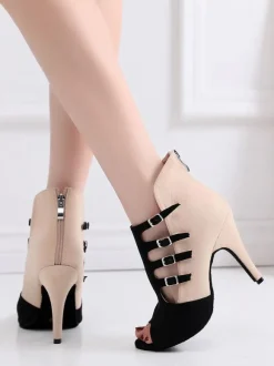 Women Lace Up Mesh Summer Boots Stilettos Black