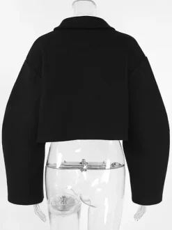 Women Lapel Collar Batwing Oversleeve Zip Up Cropped Wool Blend Jacket